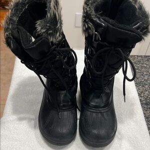 Cozy Women’s Black Winter Boots with Faux Fur Trim-Thinsulate Insulation.